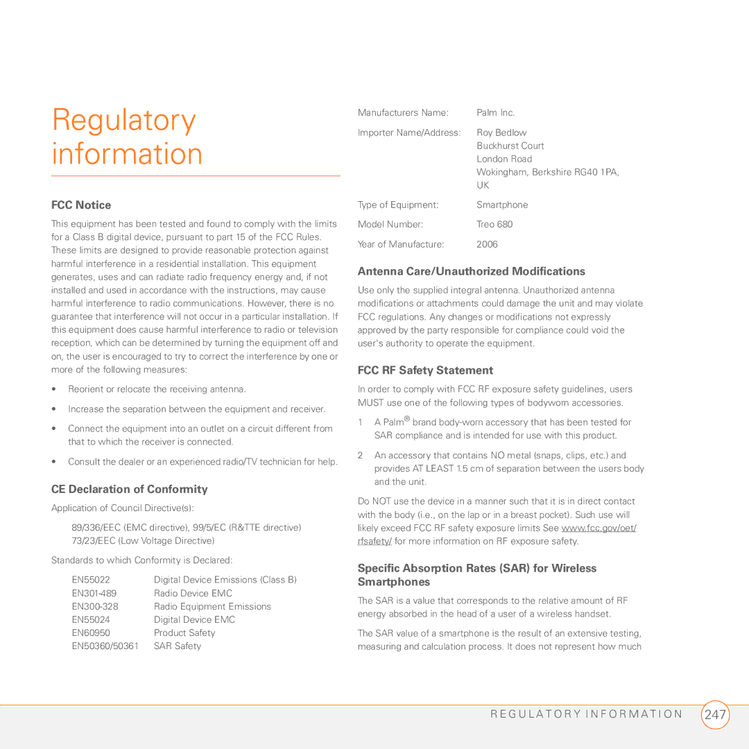 Palm 680 manual Regulatory information, FCC Notice 