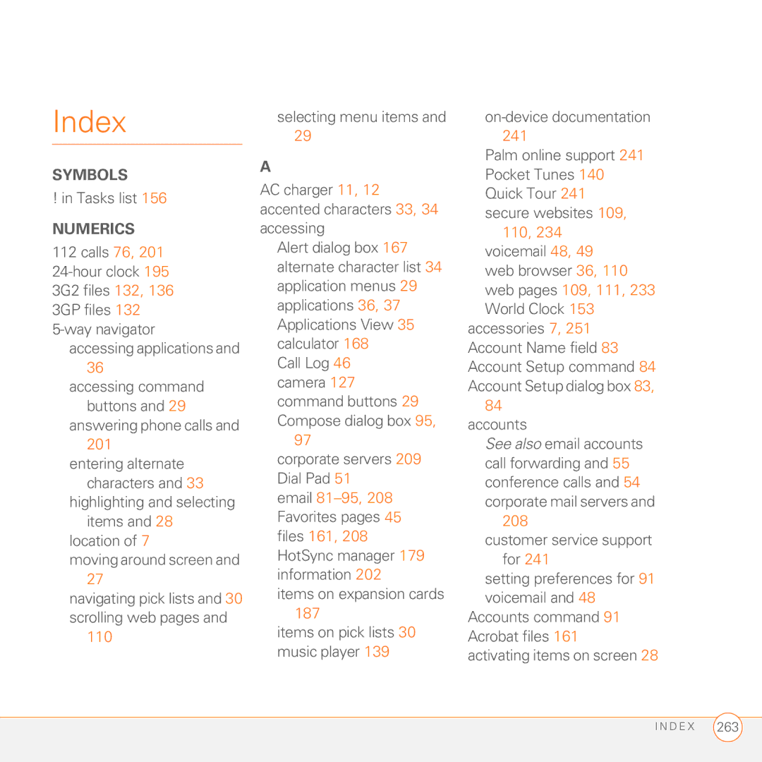 Palm 680 manual Index, 110, Accounts, 208 