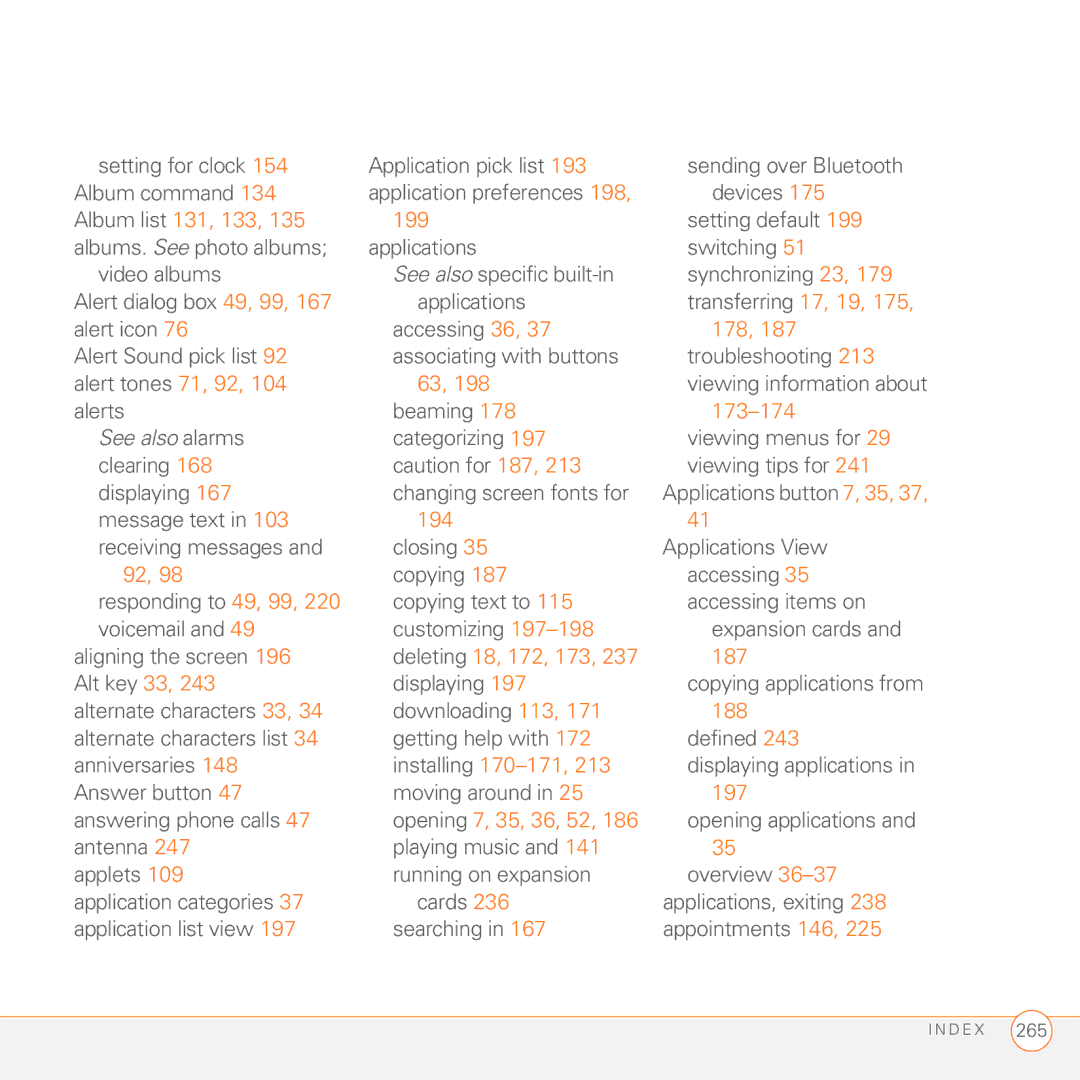 Palm 680 manual Album list 131, 133 199, 178, 173-174, 194, Deleting 18, 172, 173 187, 188, Installing 170-171 