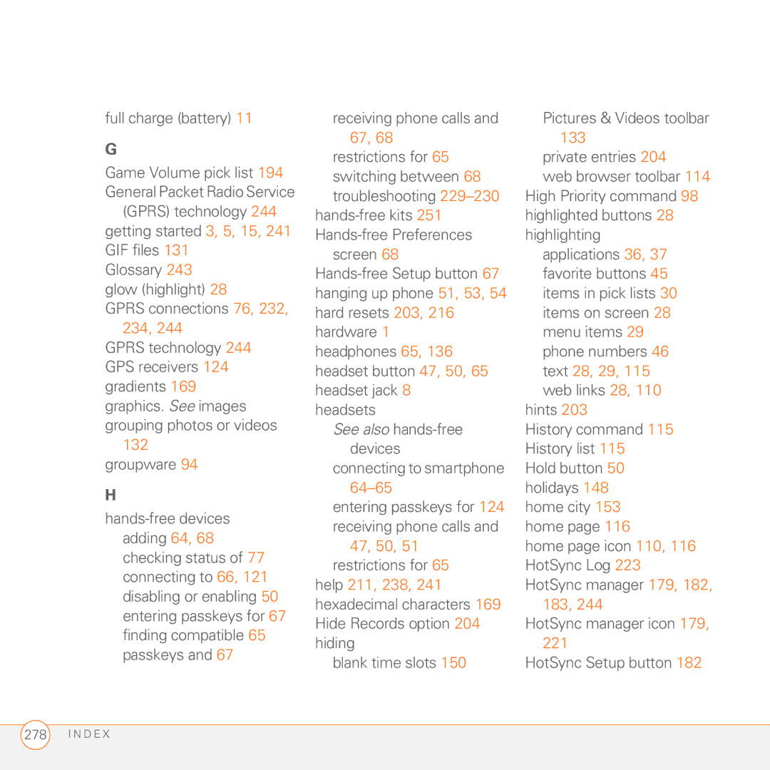 Palm 680 Full charge battery, Groupware, Connecting to smartphone, 183, HotSync manager icon 179 HotSync Setup button 