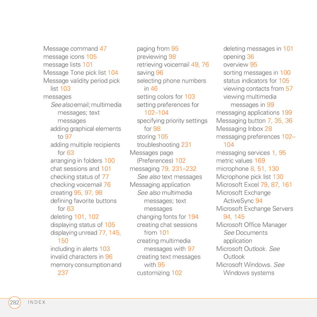 Palm 680 manual 102-104, Messaging 79, Creating 95, 97, 237 