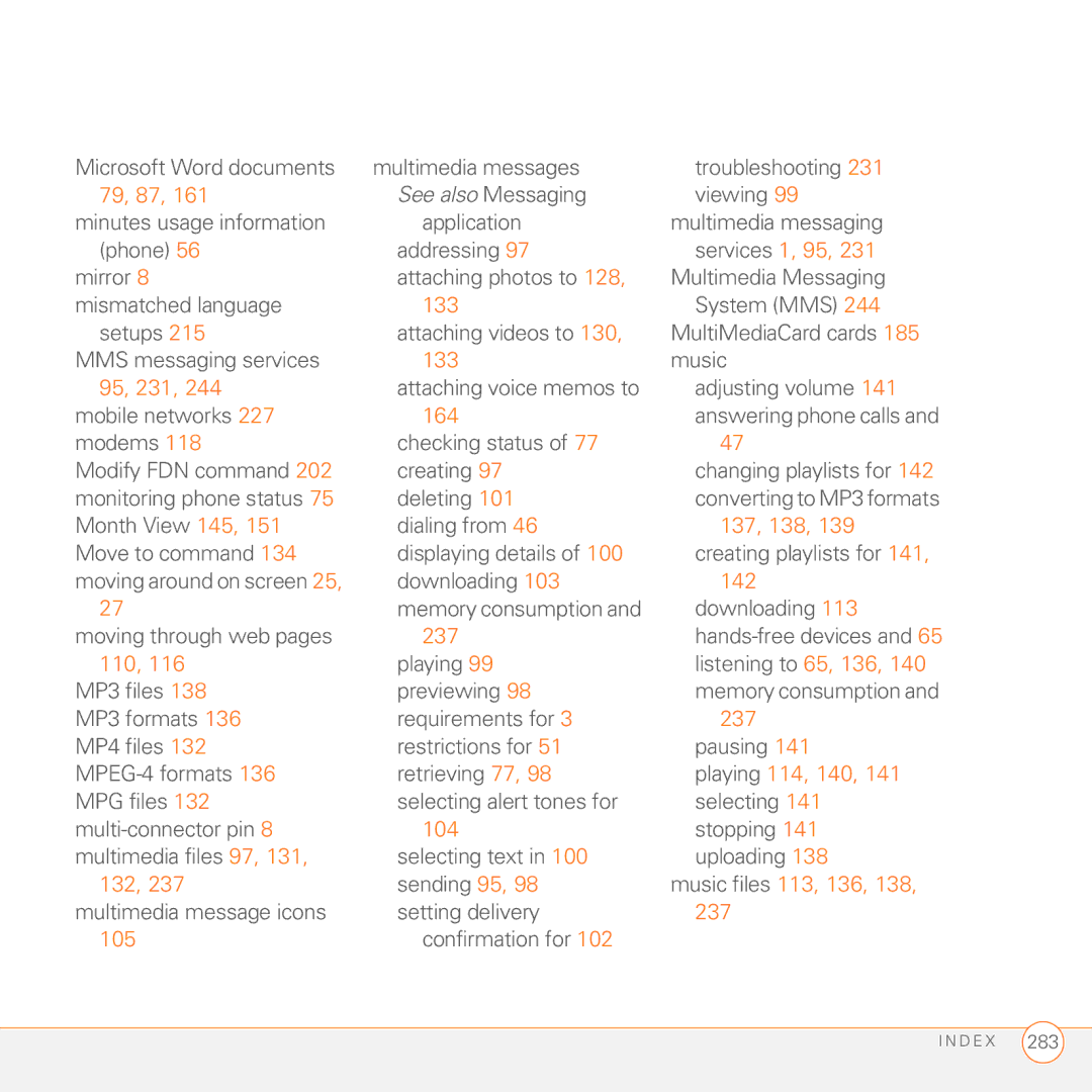 Palm 680 manual 79, 87, Services 1, 95, 133, 95, 231, 137, 138, Playing 114, 140, 132, Music files 113, 136, 105 