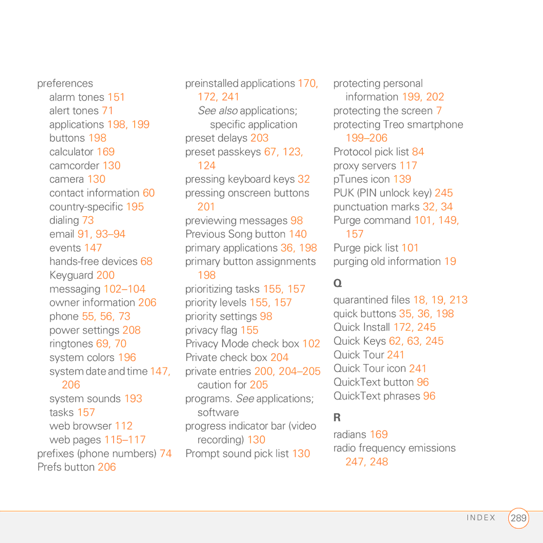 Palm 680 manual System sounds 193 tasks, Protocol pick list 84 proxy servers 117 pTunes icon 