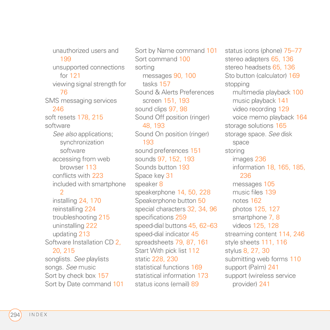 Palm 680 manual Screen 151, 246, Sounds 97, 152, Information 18, 165, Photos 125, Videos 125, Stylus 8, 27, Static 228 