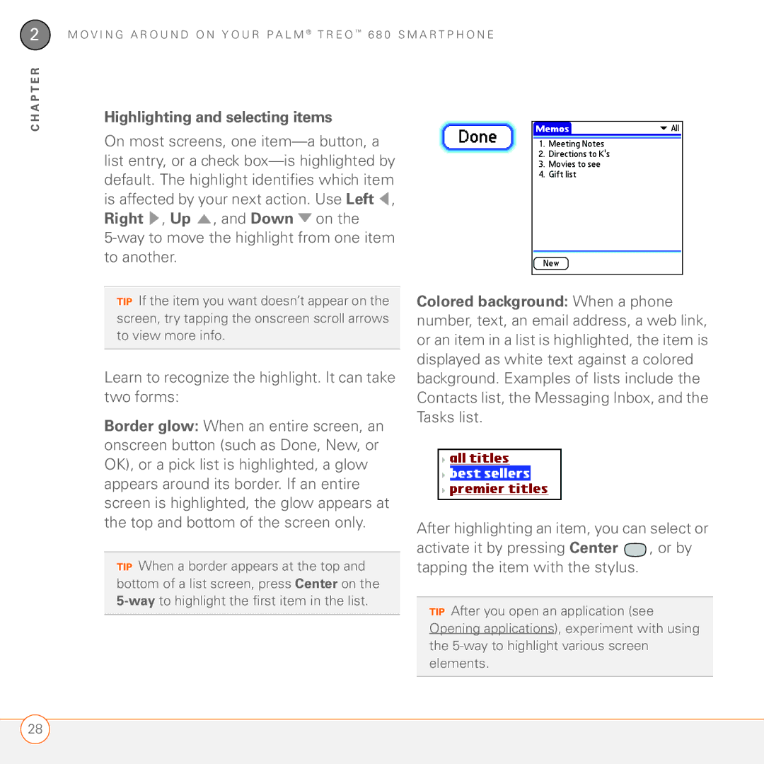 Palm 680 manual Highlighting and selecting items, Way to move the highlight from one item to another 