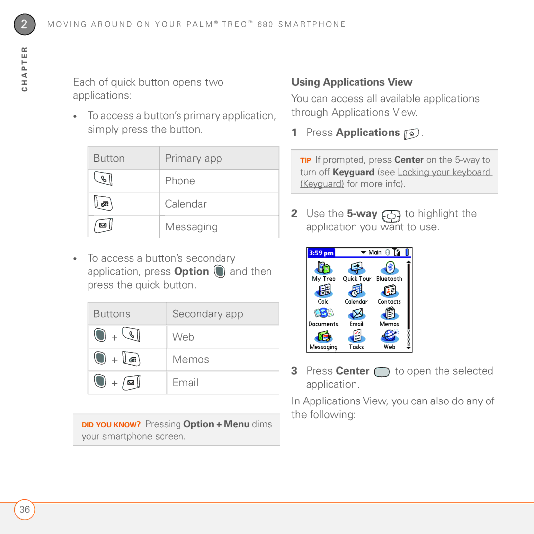 Palm 680 manual Web, Memos, Using Applications View, Press Applications 