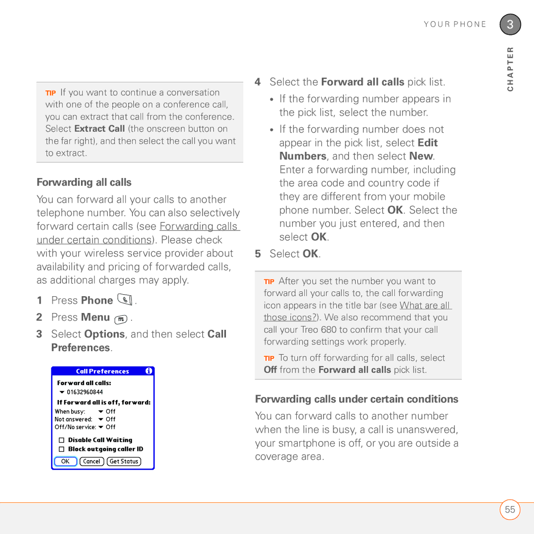 Palm 680 manual Forwarding all calls, Forwarding calls under certain conditions 