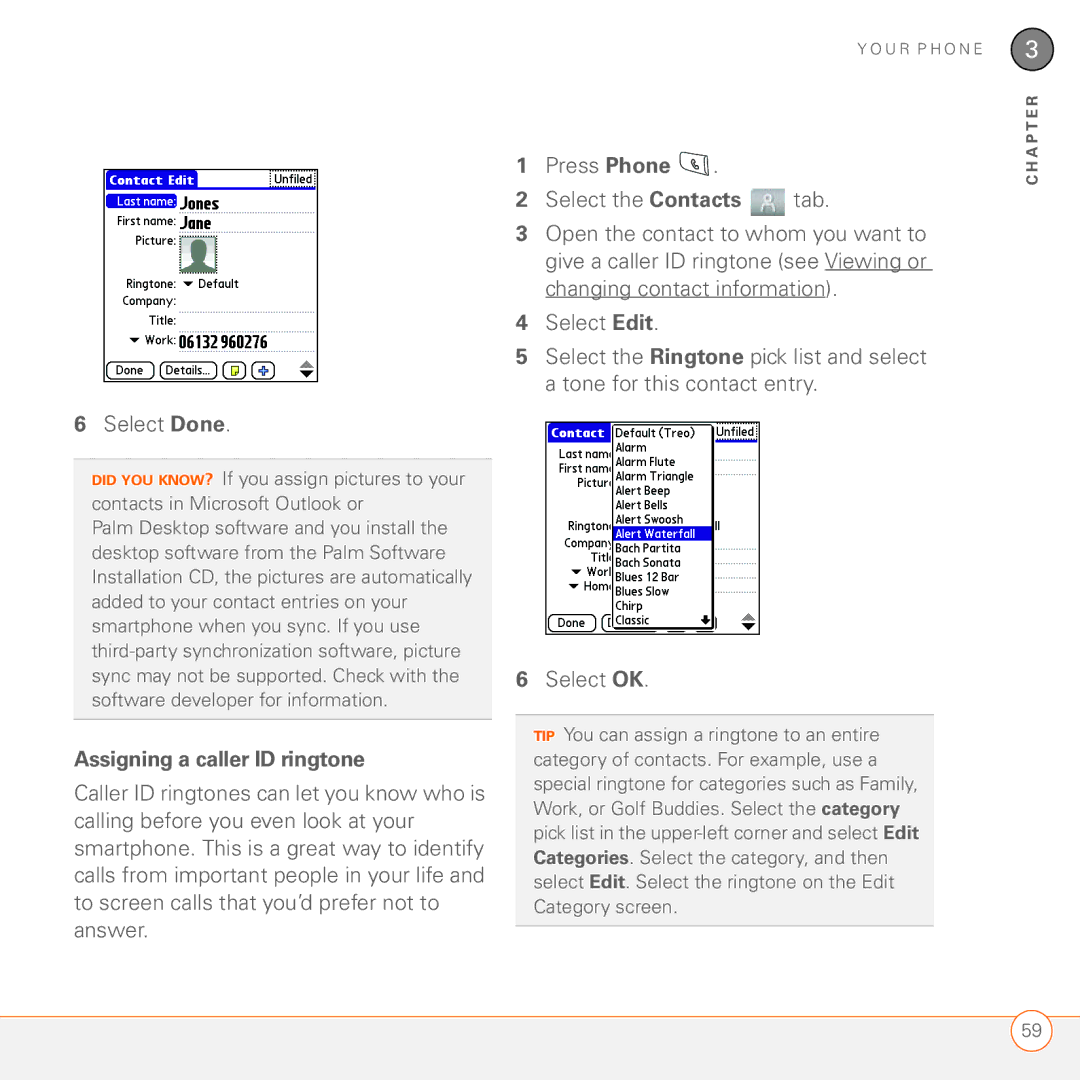 Palm 680 manual Select Done, Assigning a caller ID ringtone 