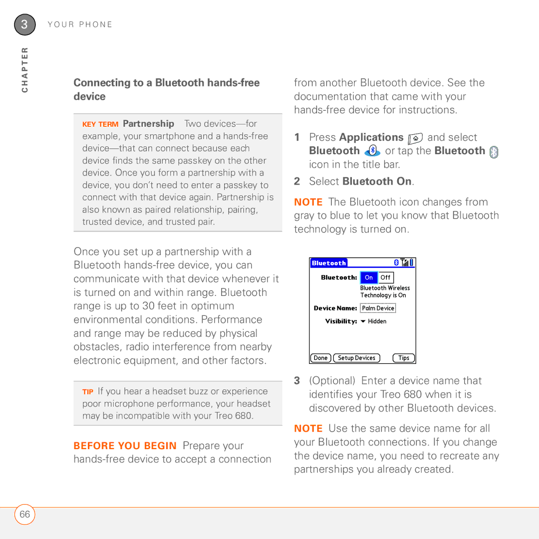 Palm 680 manual Connecting to a Bluetooth hands-free device 
