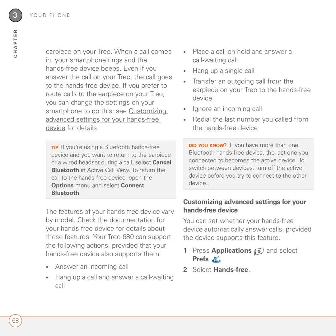Palm 680 Customizing advanced settings for your hands-free device, Press Applications and select Prefs Select Hands-free 