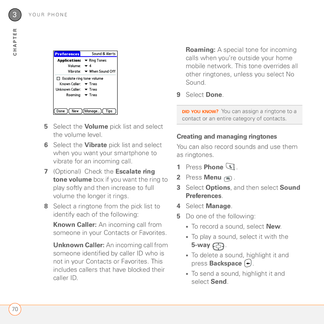 Palm 680 manual Select the Volume pick list and select the volume level, Creating and managing ringtones, Way 