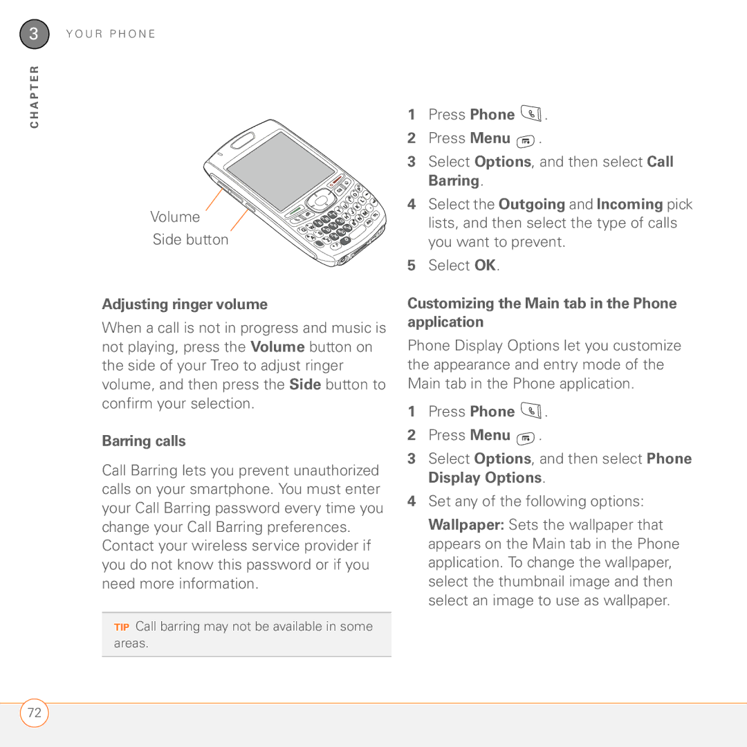 Palm 680 manual Adjusting ringer volume, Barring calls, Customizing the Main tab in the Phone application 