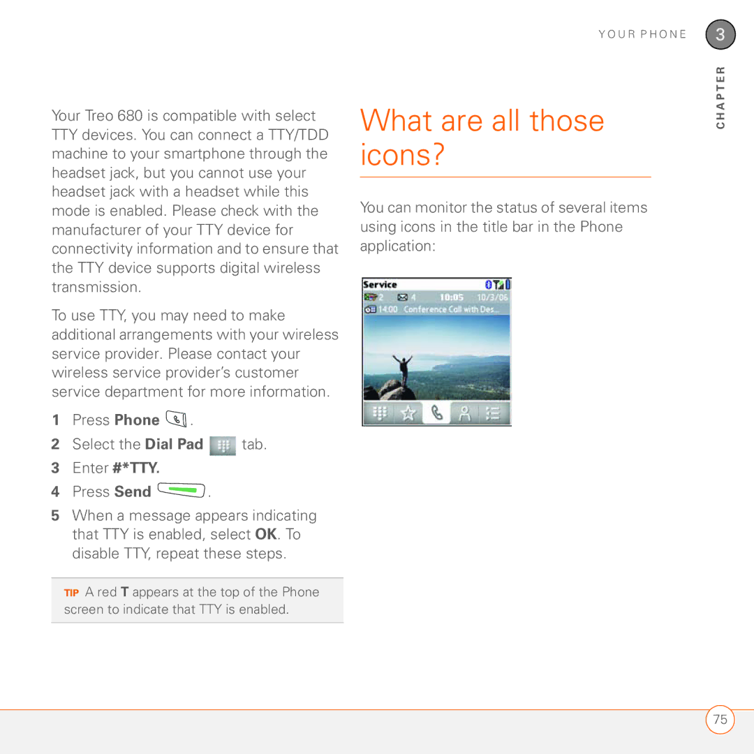 Palm 680 manual What are all those icons?, Press Phone Select the Dial Pad tab Enter #*TTY Press Send 