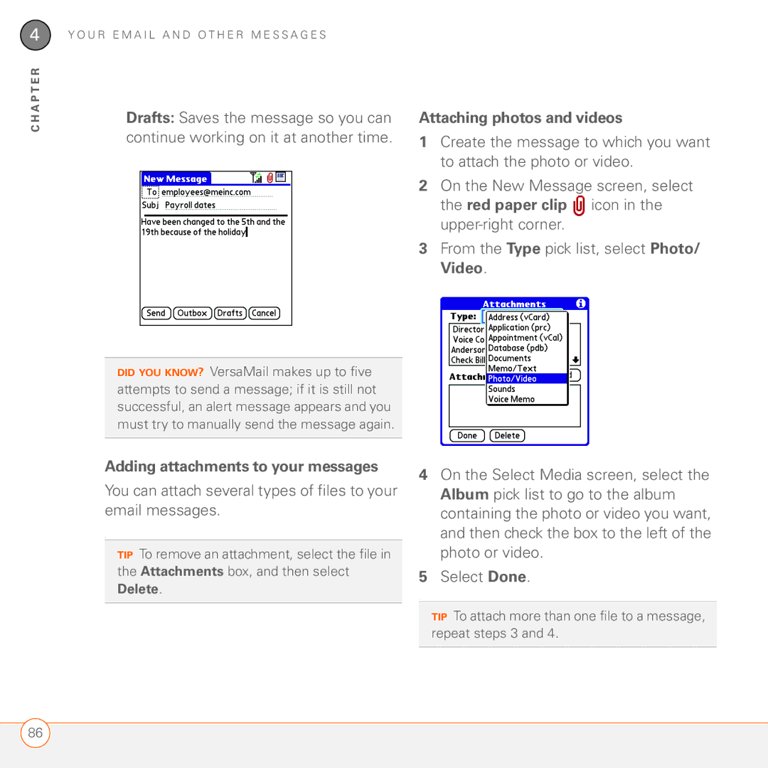 Palm 680 Attaching photos and videos, Red paper clip icon in the upper-right corner, Adding attachments to your messages 