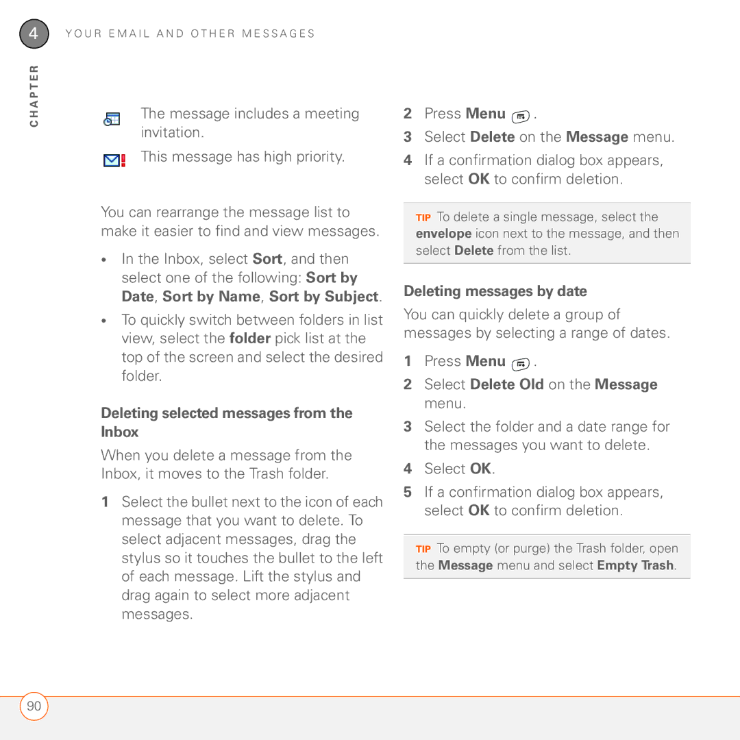 Palm 680 manual Deleting selected messages from the Inbox, Deleting messages by date 