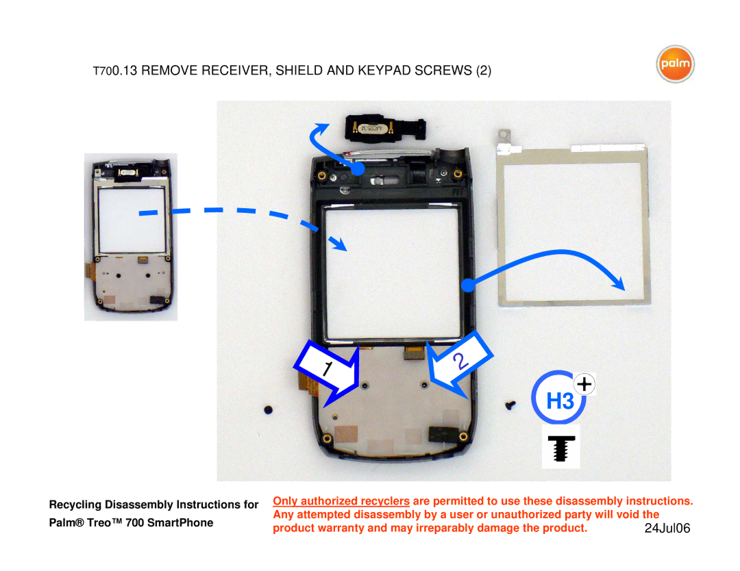 Palm 700P warranty T700.13 Remove RECEIVER, Shield and Keypad Screws 