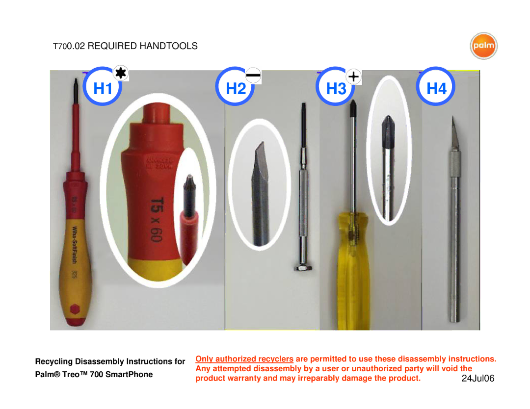 Palm 700P warranty T700.02 Required Handtools 