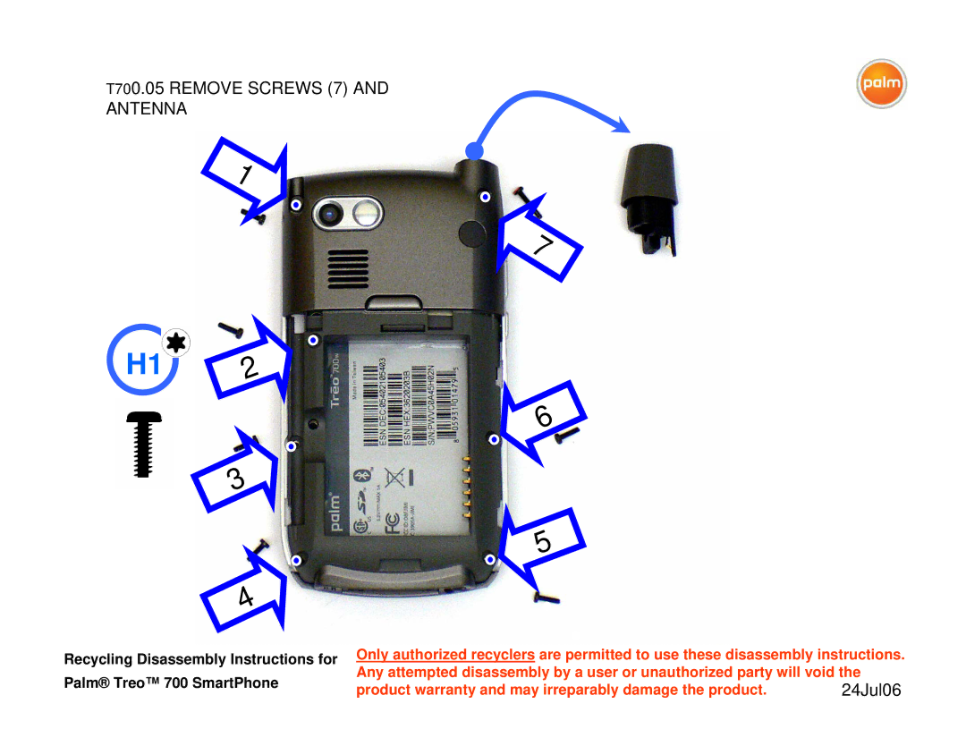 Palm 700P warranty T700.05 Remove Screws 7 Antenna 