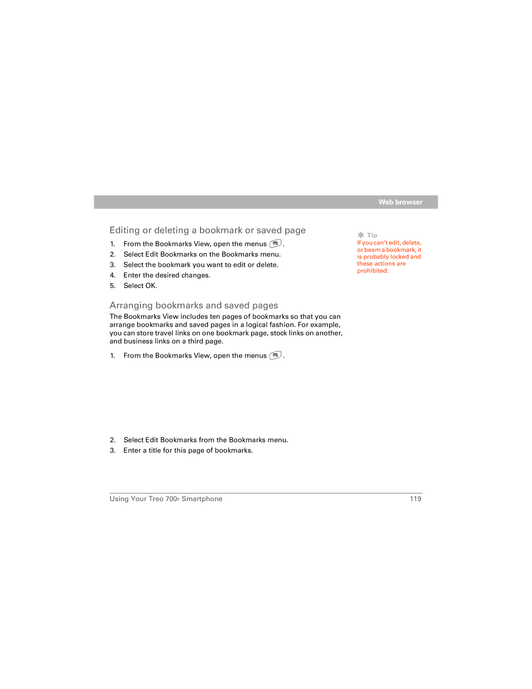 Palm 700P manual Editing or deleting a bookmark or saved, Arranging bookmarks and saved pages 