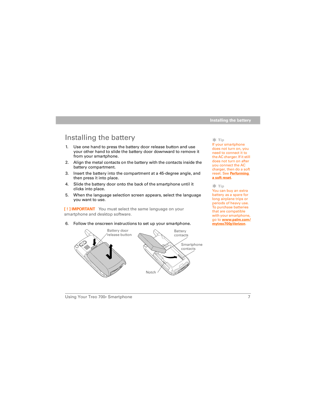 Palm 700P manual Installing the battery, Follow the onscreen instructions to set up your smartphone 