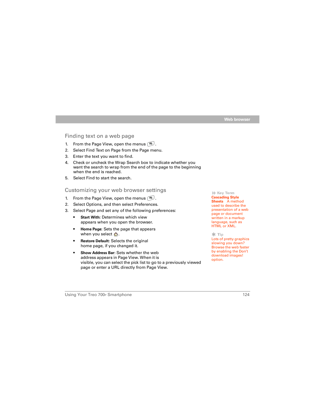 Palm 700P manual Finding text on a web, Customizing your web browser settings 