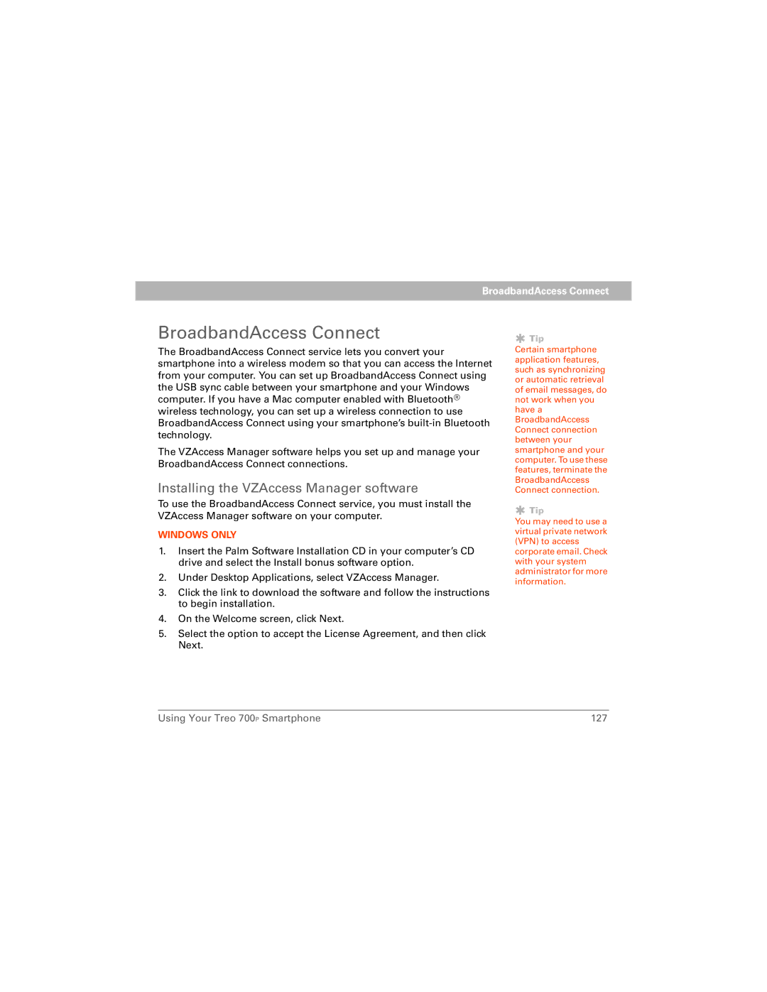 Palm 700P manual BroadbandAccess Connect, Installing the VZAccess Manager software 