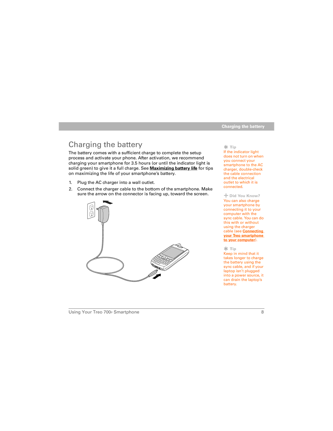 Palm 700P manual Charging the battery 