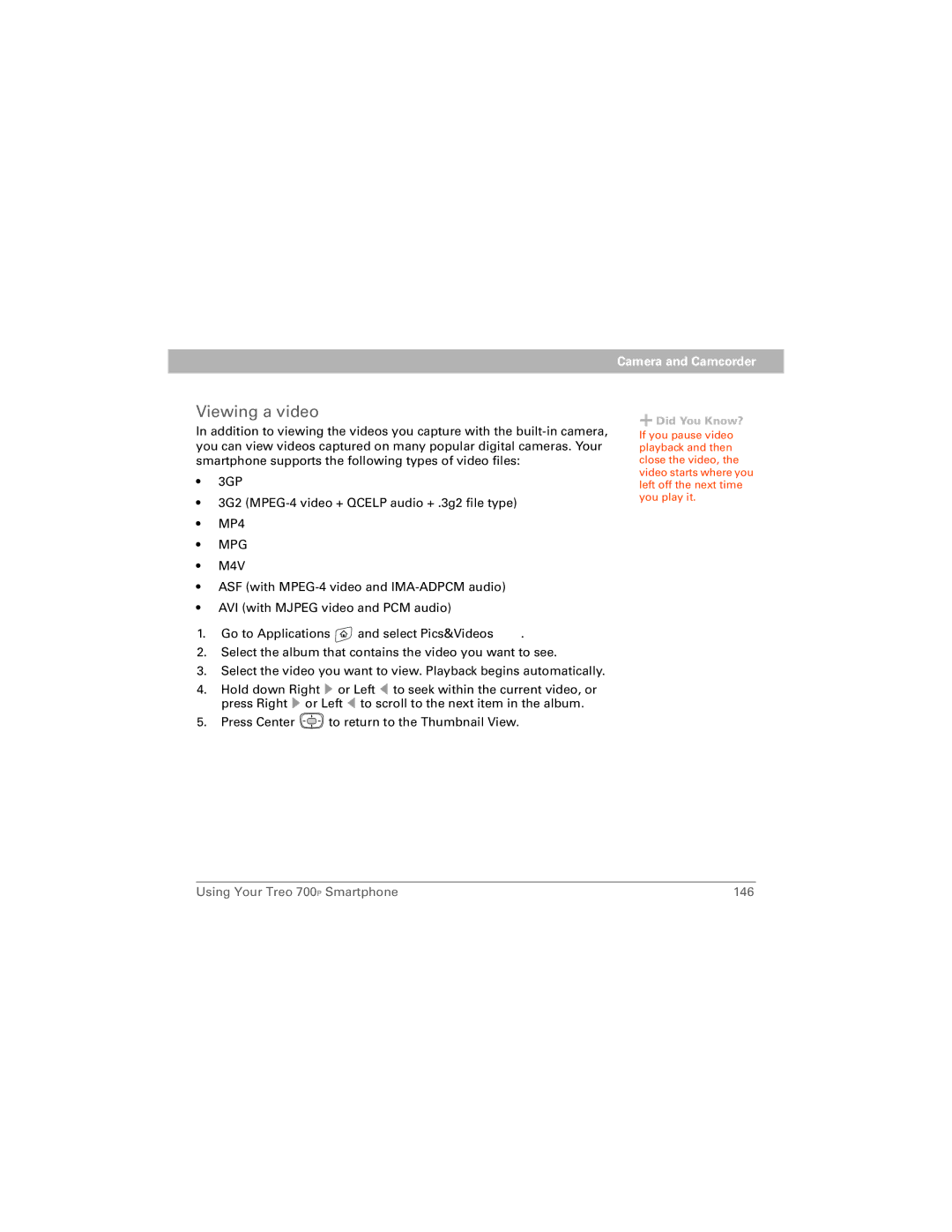 Palm 700P manual Viewing a video, Mpg 