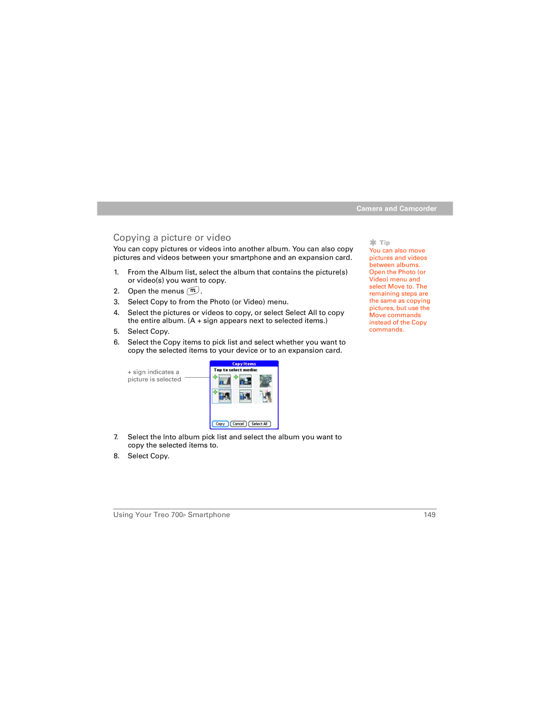 Palm 700P manual Copying a picture or video 
