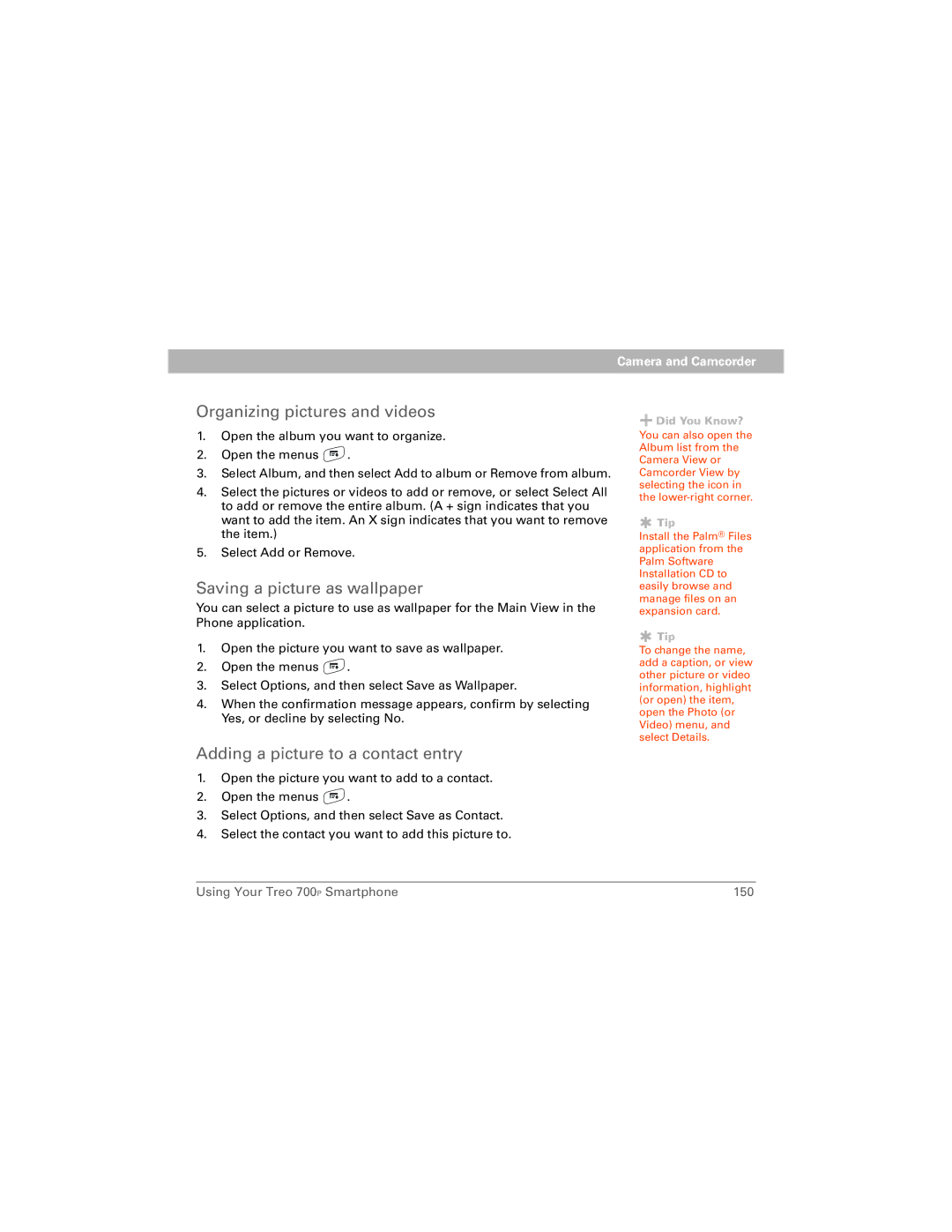 Palm 700P manual Organizing pictures and videos, Saving a picture as wallpaper, Adding a picture to a contact entry 