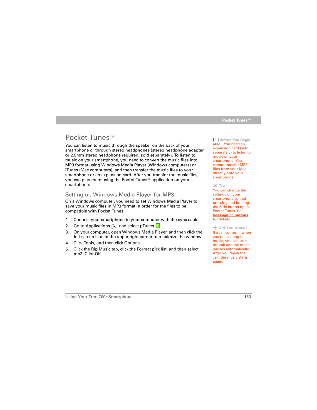 Palm 700P manual Pocket Tunes, Setting up Windows Media Player for MP3 