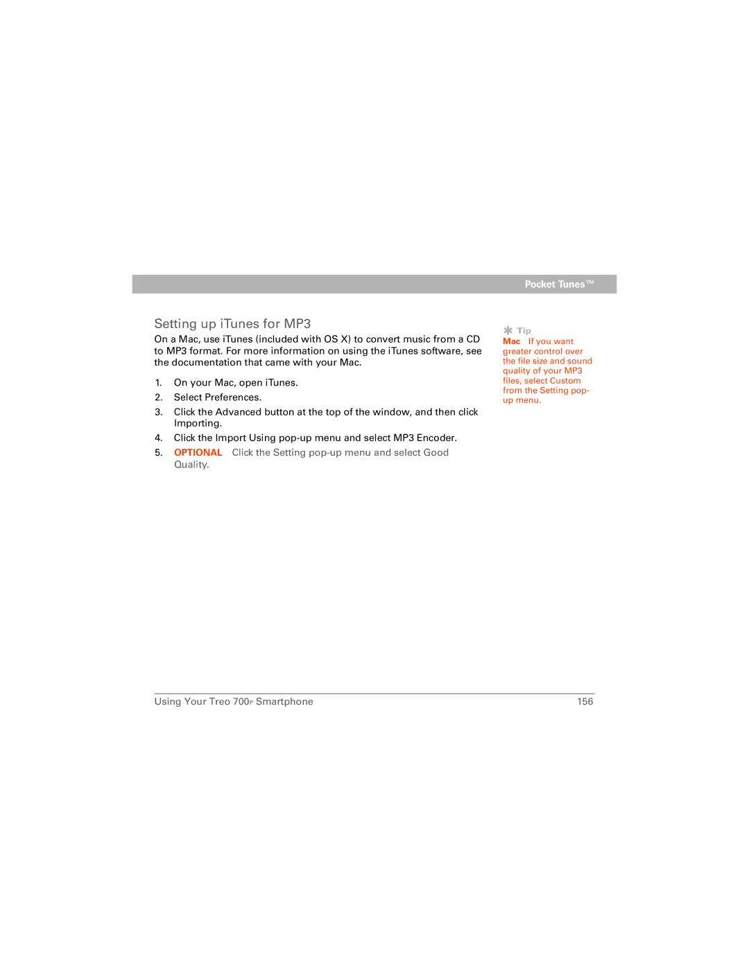 Palm 700P manual Setting up iTunes for MP3 
