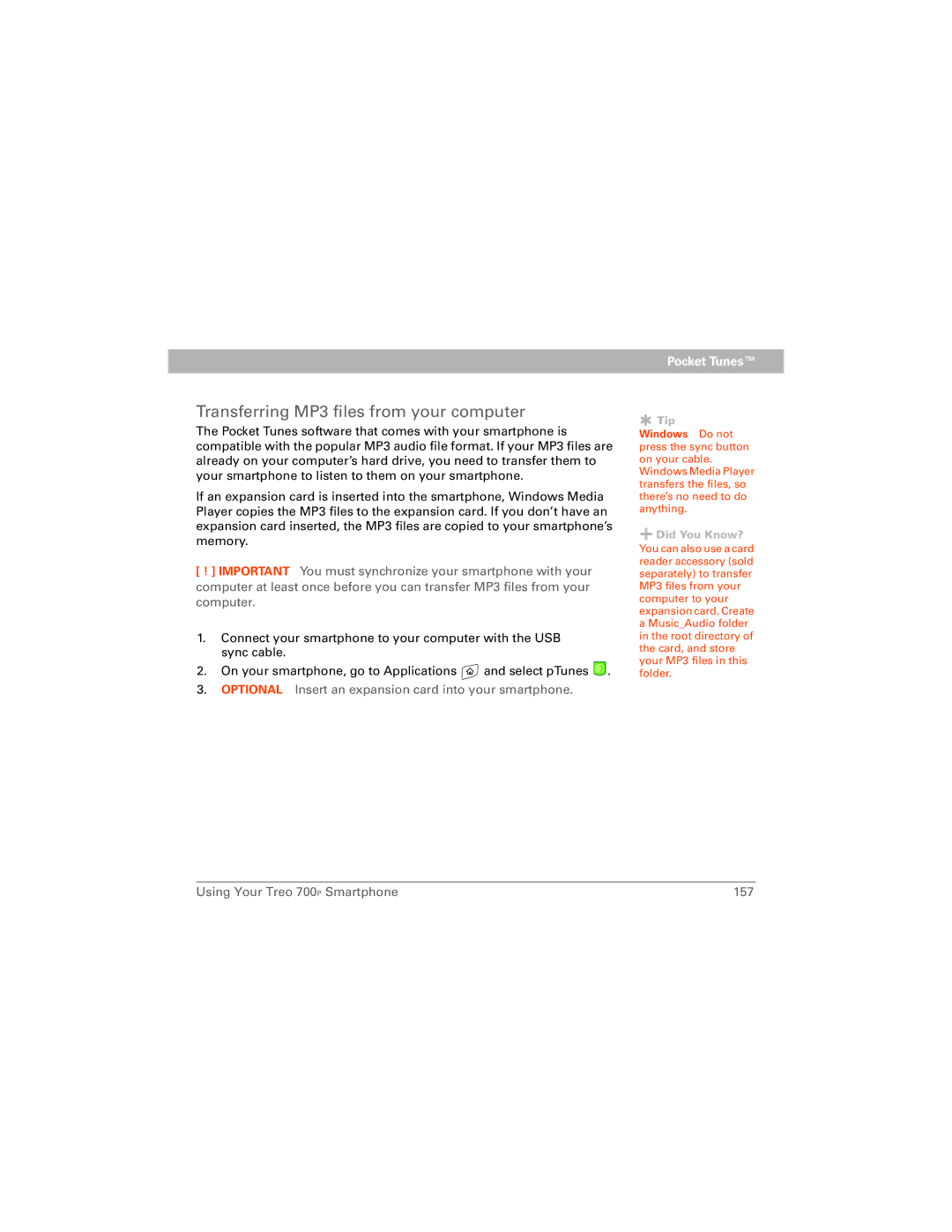 Palm 700P manual Transferring MP3 files from your computer, Optional Insert an expansion card into your smartphone 