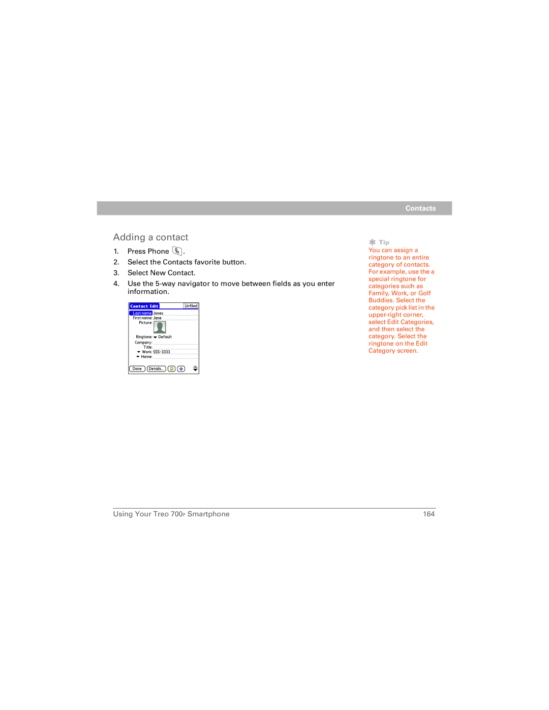 Palm 700P manual Adding a contact, Contacts 