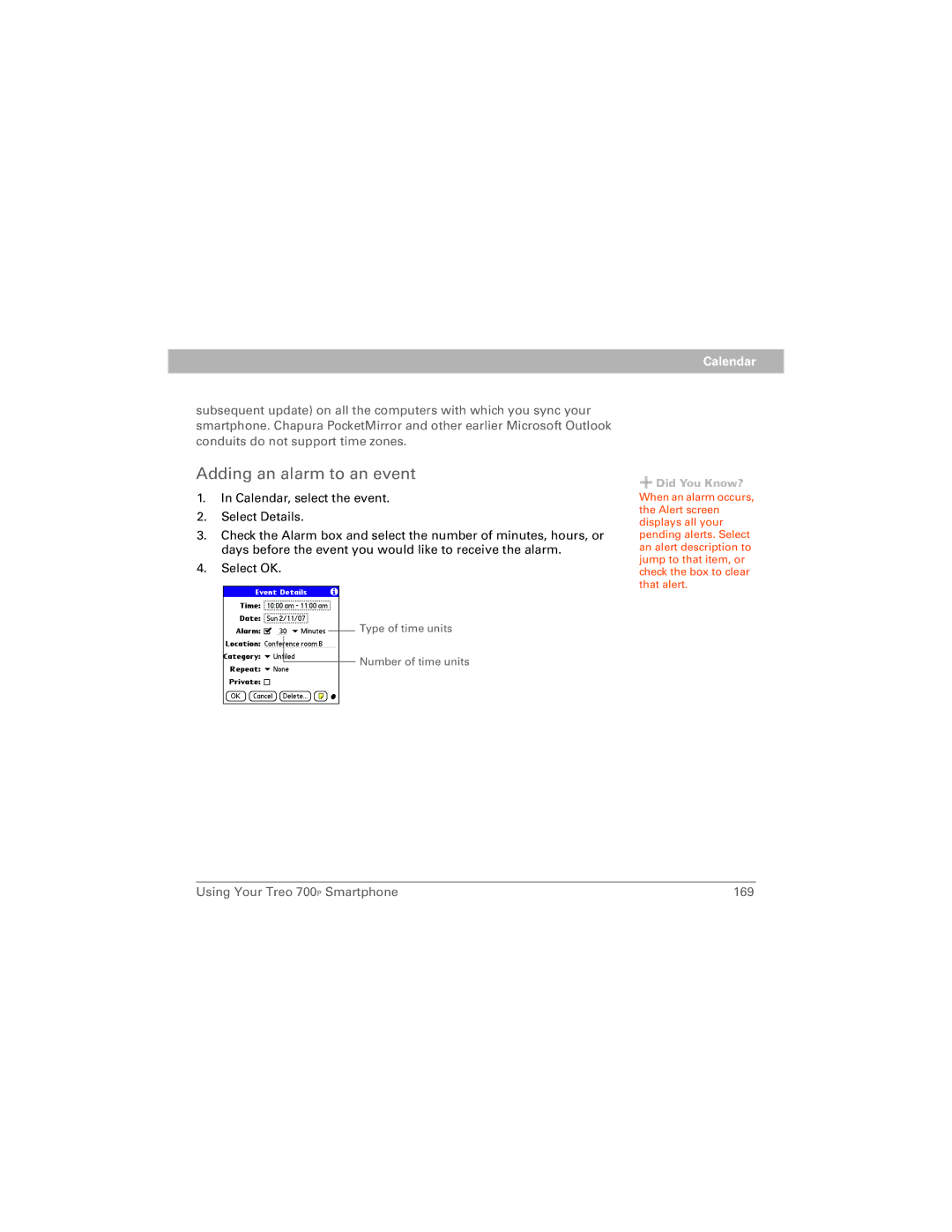 Palm 700P manual Adding an alarm to an event 