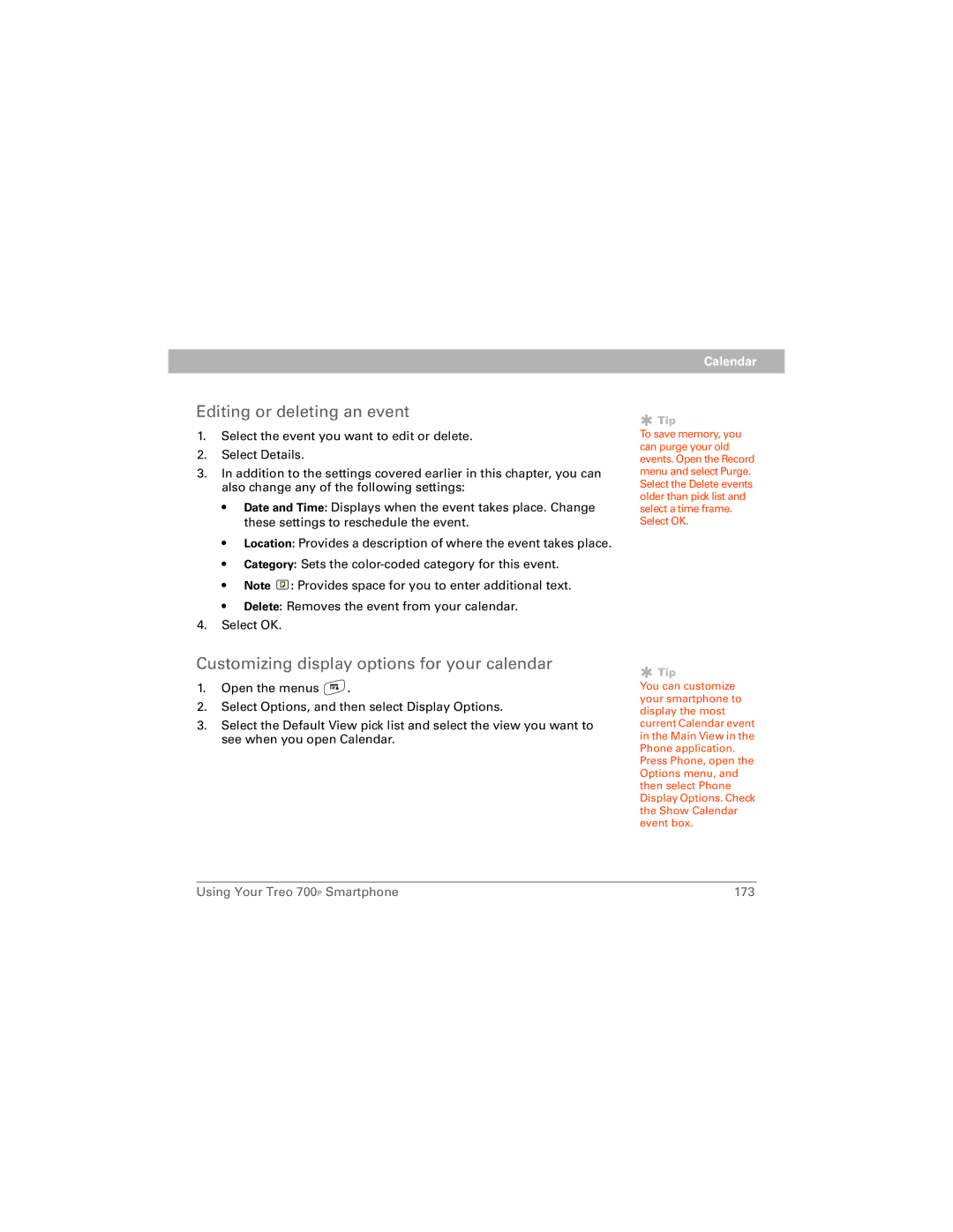 Palm 700P manual Editing or deleting an event, Customizing display options for your calendar 