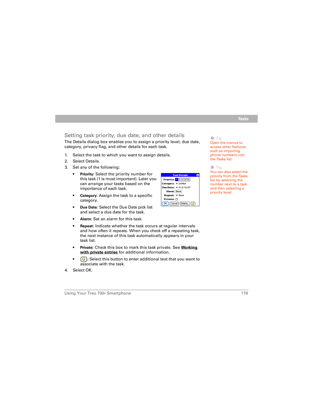 Palm 700P manual Setting task priority, due date, and other details 