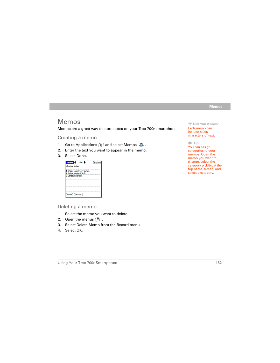 Palm 700P manual Memos, Creating a memo, Deleting a memo 