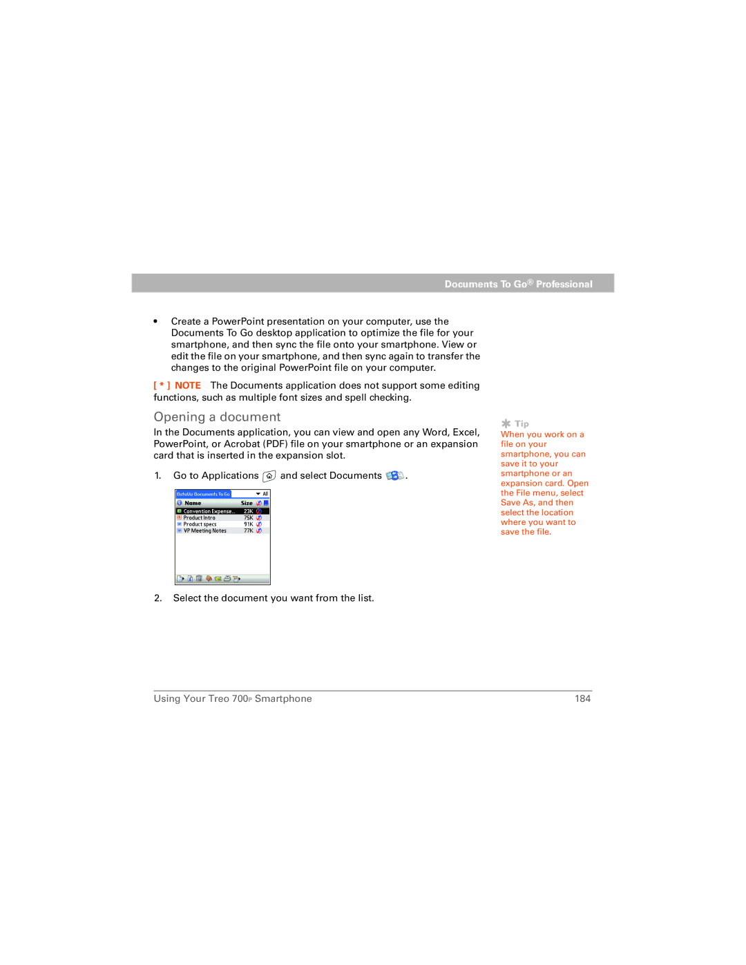 Palm 700P manual Opening a document, Documents To Go Professional 
