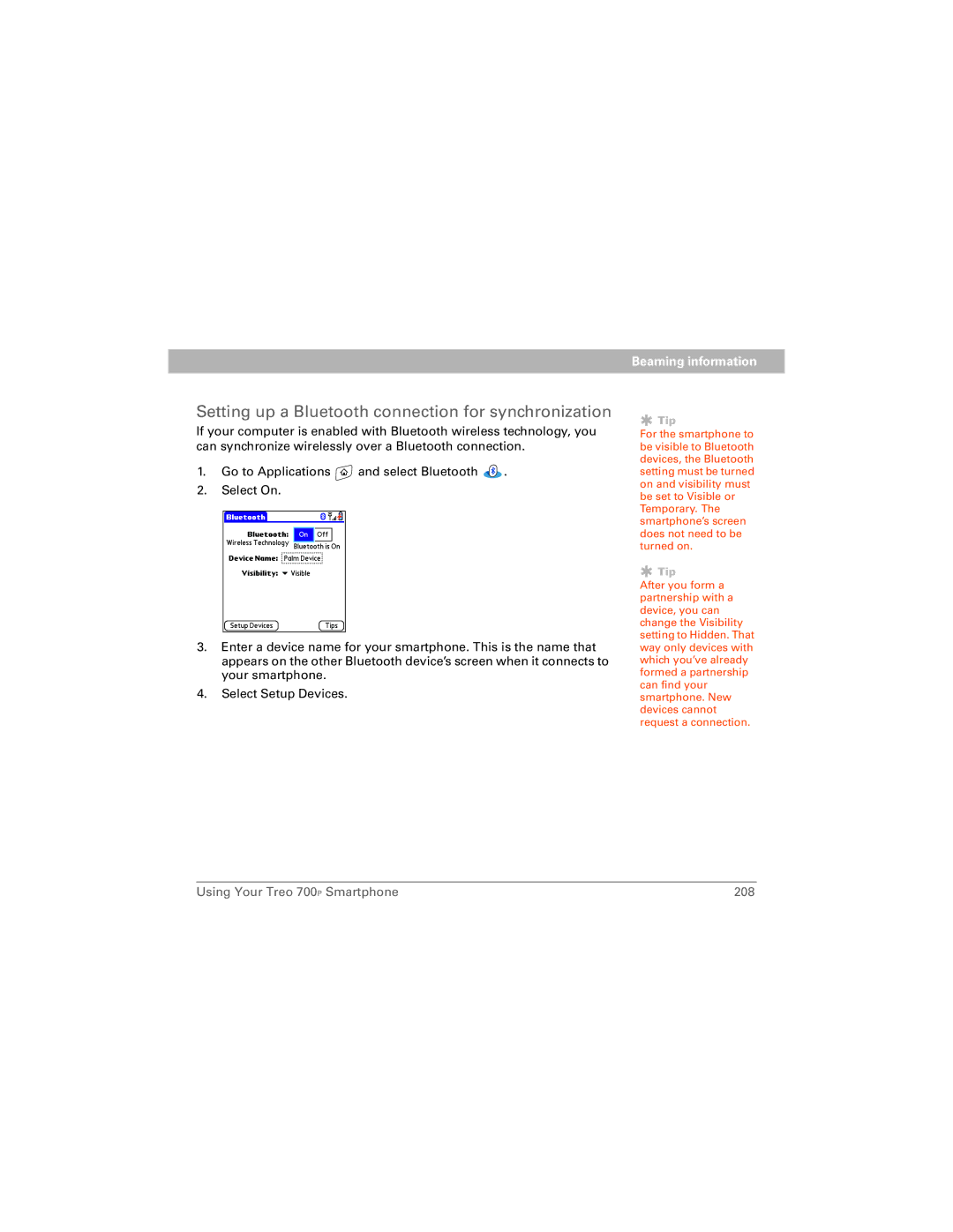 Palm 700P manual Setting up a Bluetooth connection for synchronization 