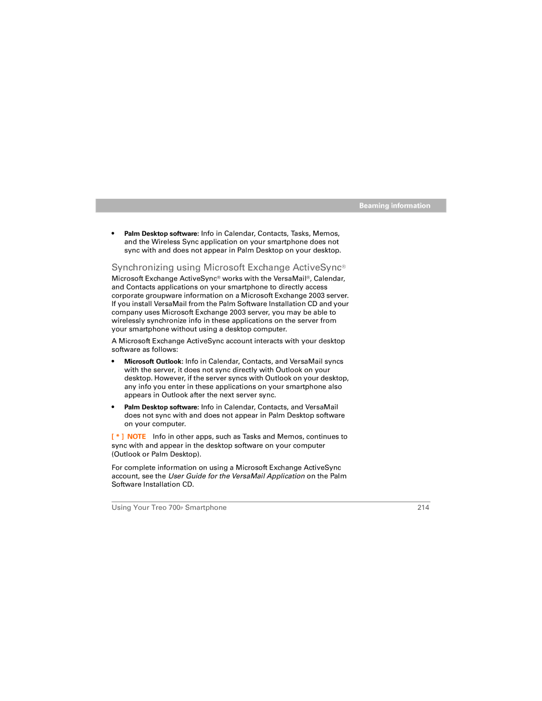 Palm 700P manual Synchronizing using Microsoft Exchange ActiveSync 