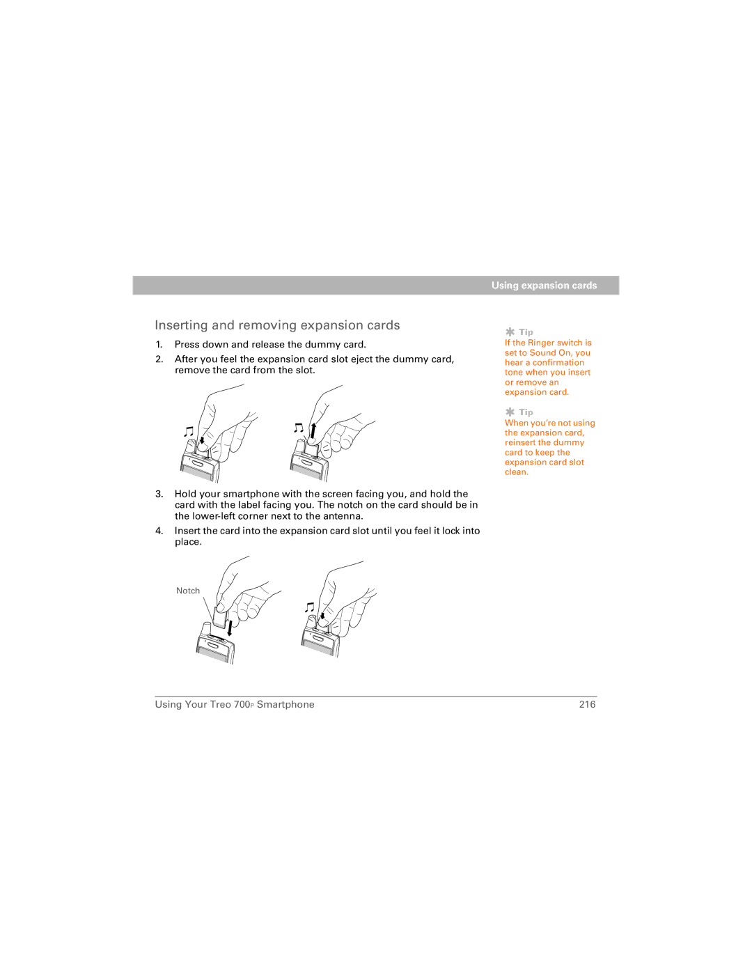 Palm 700P manual Inserting and removing expansion cards 