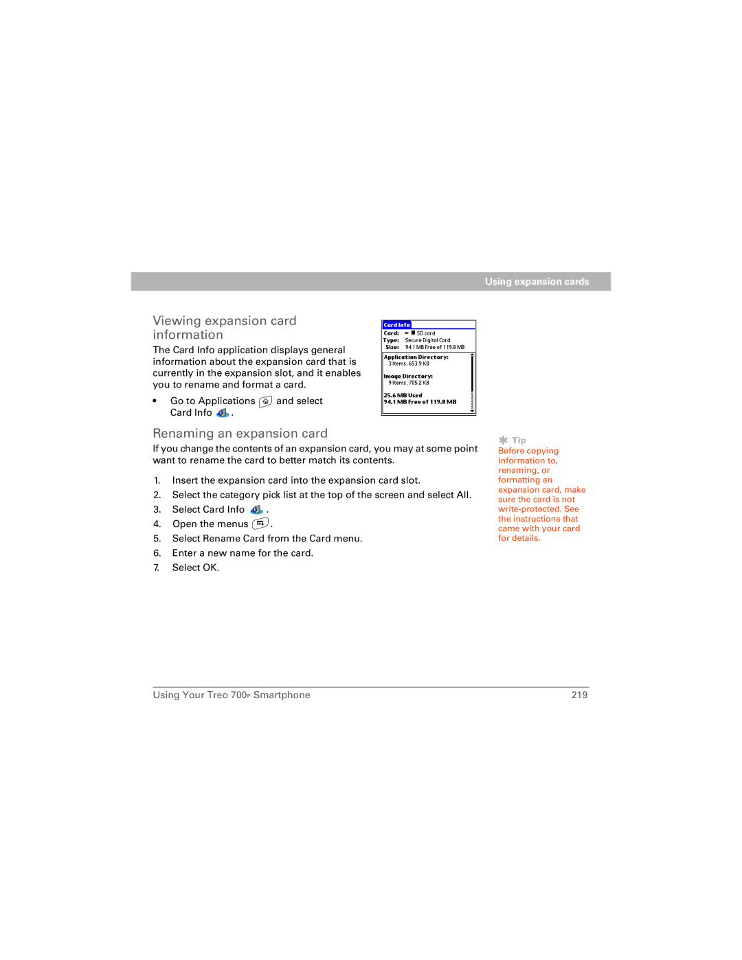 Palm 700P manual Viewing expansion card information, Renaming an expansion card 