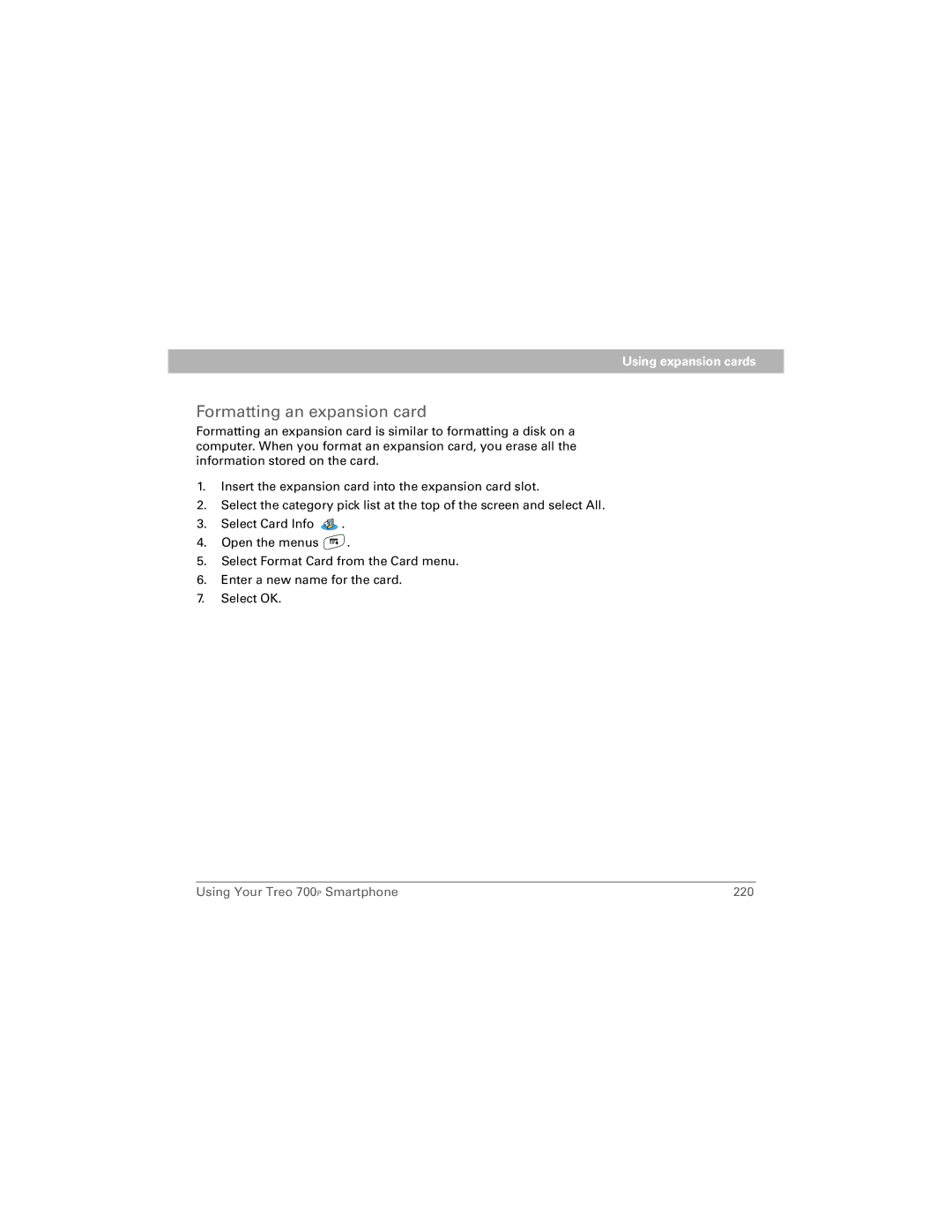 Palm 700P manual Formatting an expansion card 