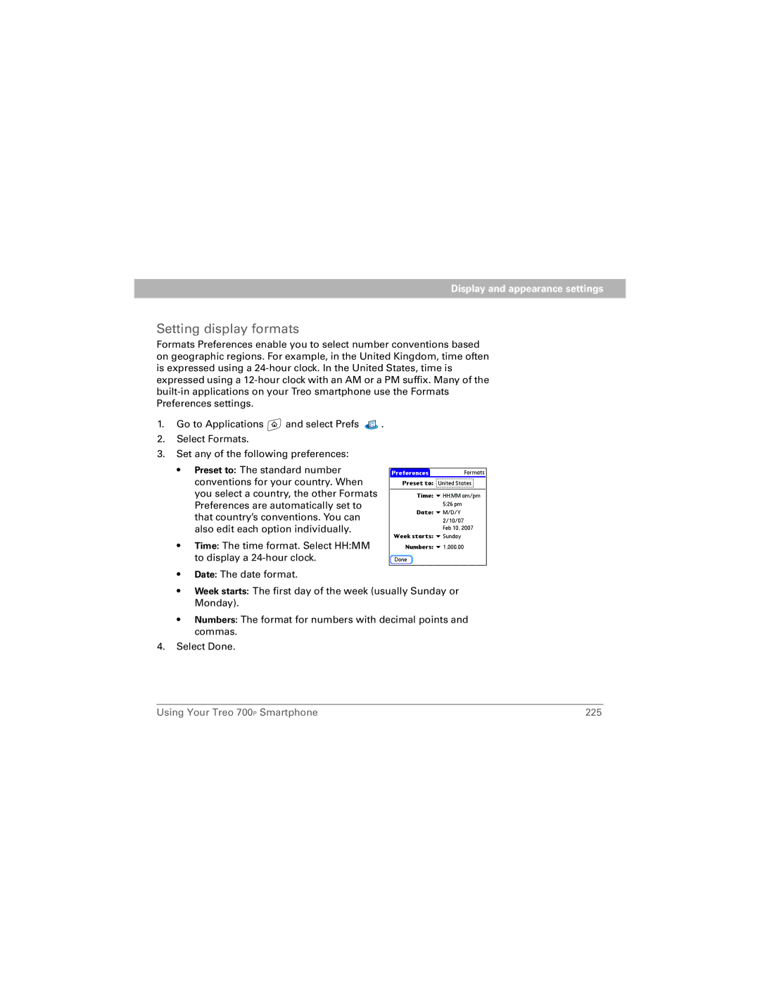 Palm 700P manual Setting display formats 