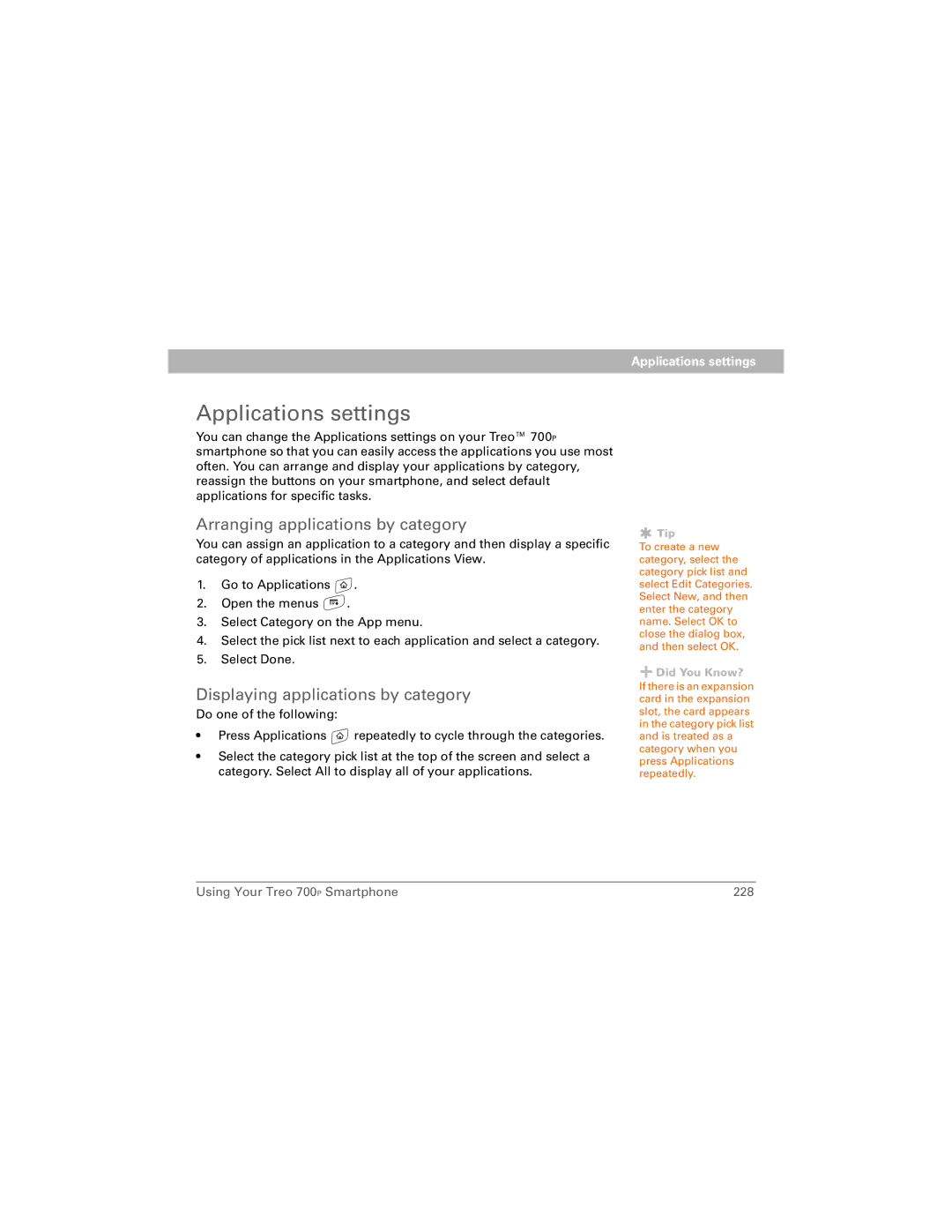 Palm 700P manual Applications settings, Arranging applications by category, Displaying applications by category 