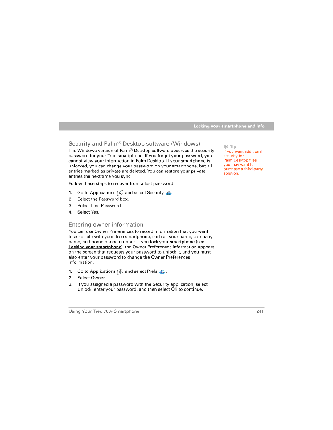 Palm 700P manual Security and Palm Desktop software Windows, Entering owner information 