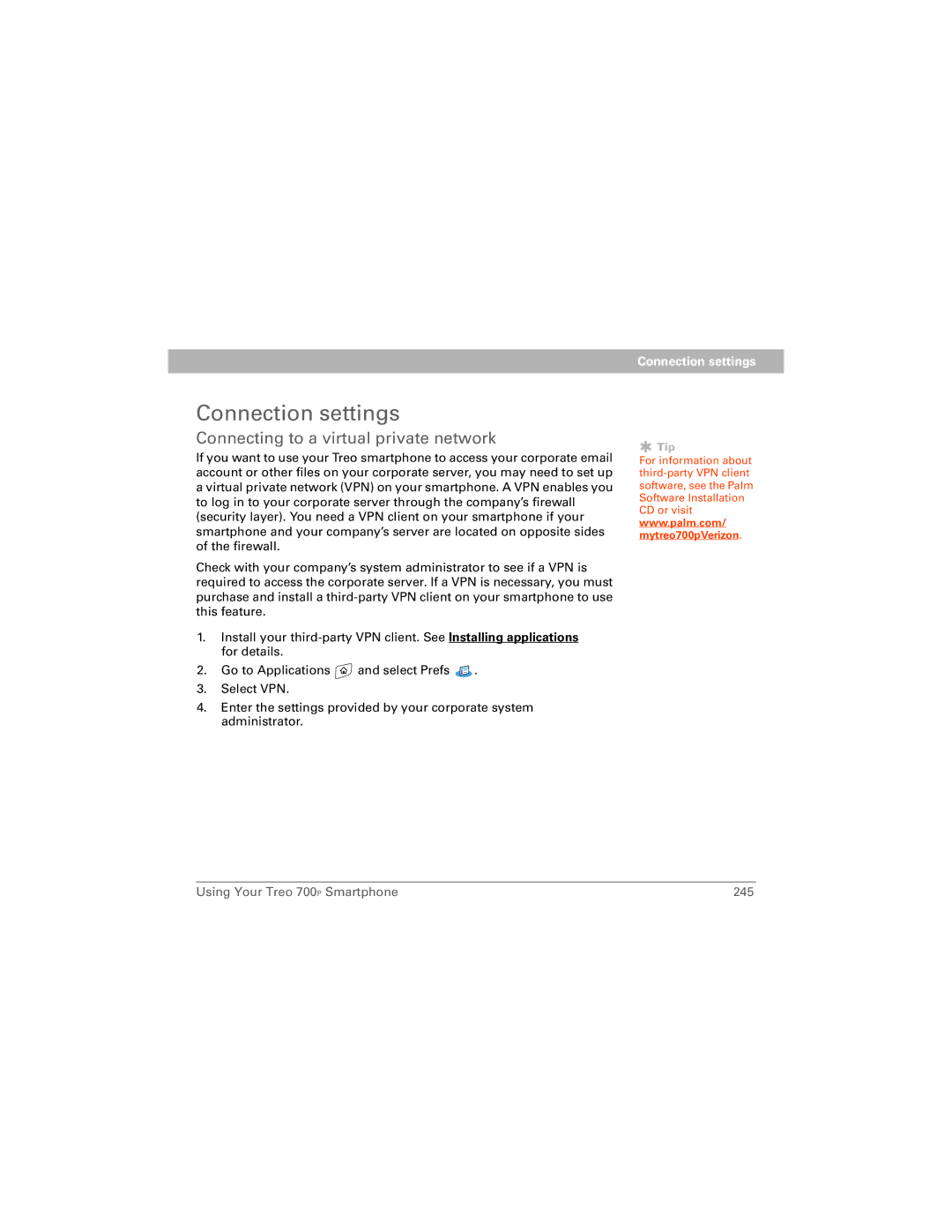 Palm 700P manual Connection settings, Connecting to a virtual private network 