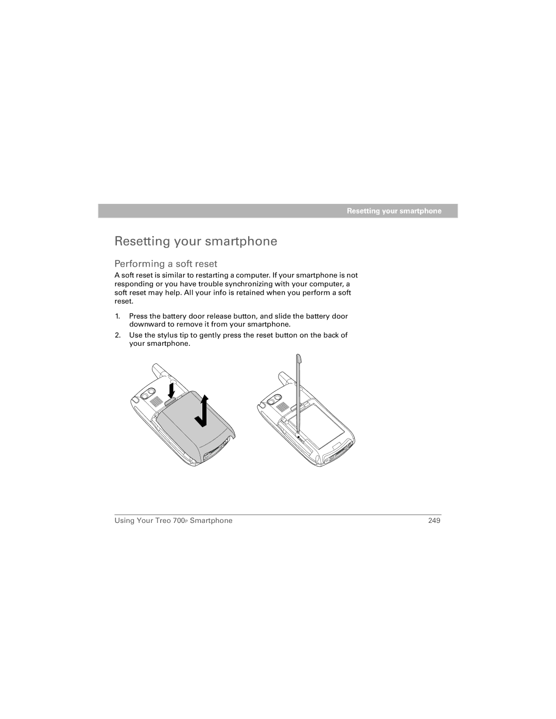 Palm 700P manual Resetting your smartphone, Performing a soft reset 