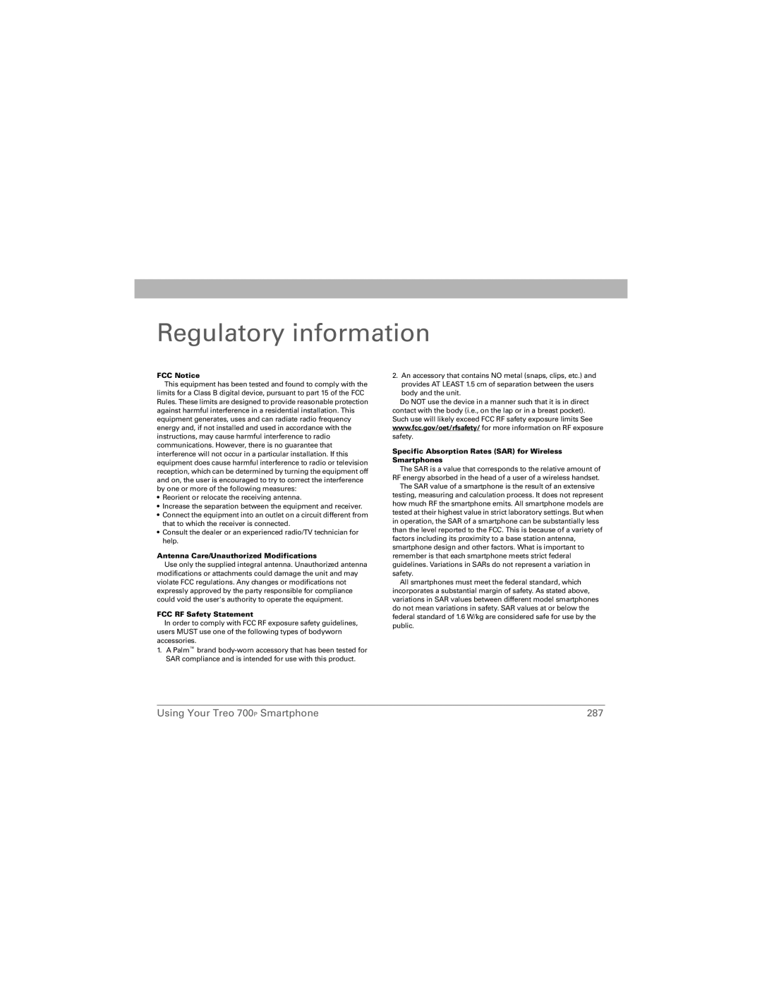 Palm 700P manual Regulatory information, FCC Notice 